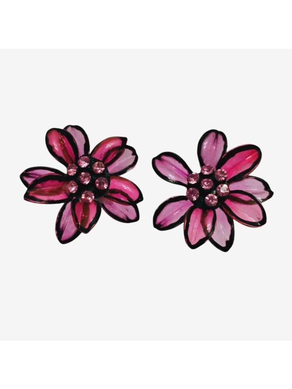Vtg Fuschia Pink Purple Cellulose Acetate Rhinestone Flower Clip Earrings - READ